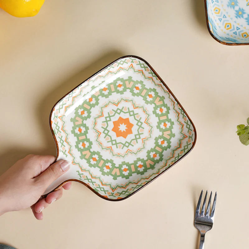Mandala Green Criss-Cross Square Platter with Handle